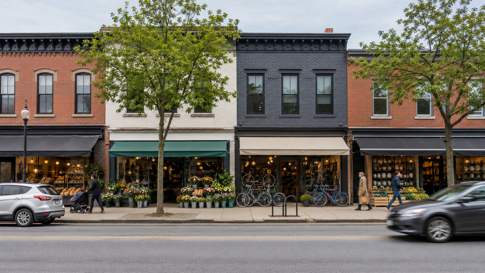 A block of independent shops trading on the main street of a small Canadian city — a bakery, a florist, a bicycle shop and a homeware shop side by side, awnings out over the pavement and windows lit.