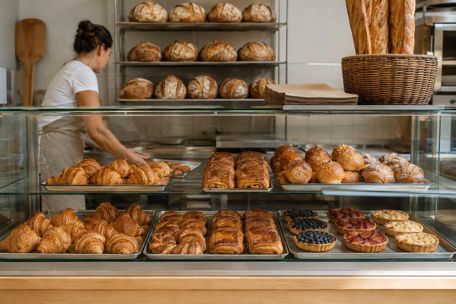 A baker restocking a display case of pastries and bread in a bright bakery