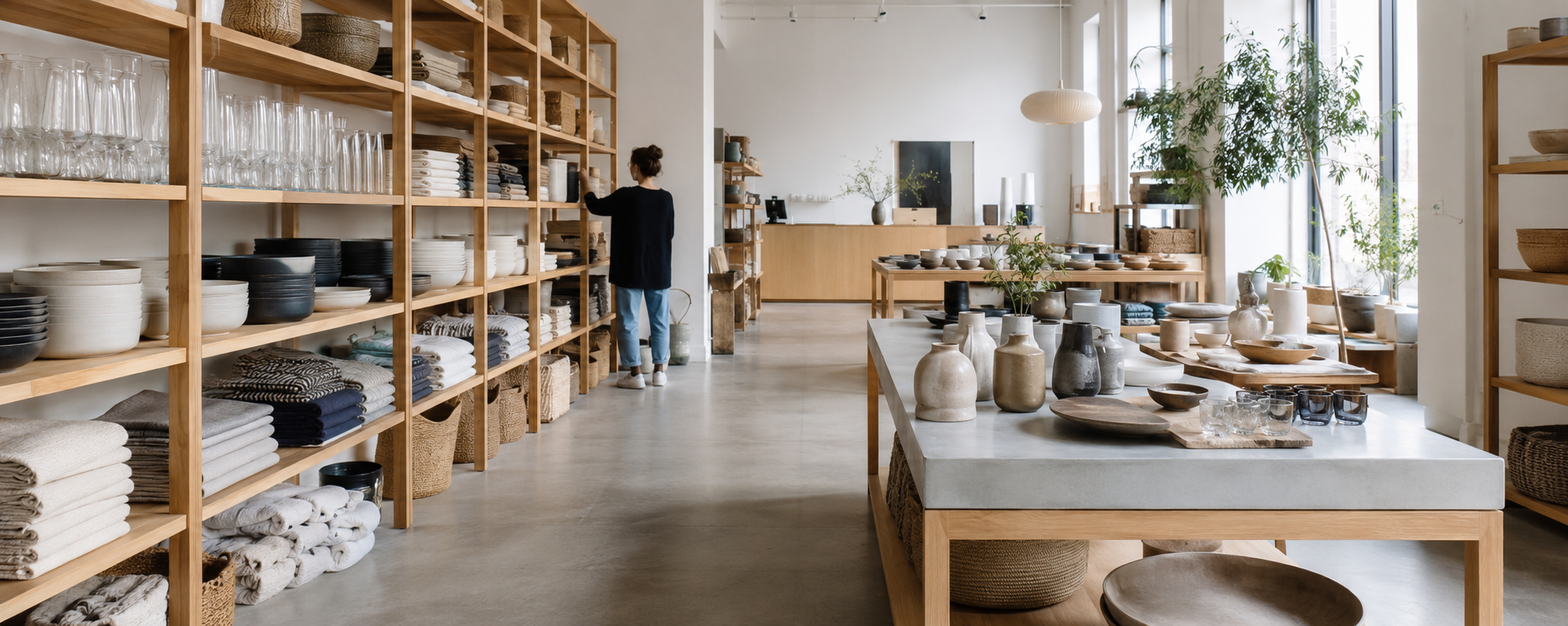 A homewares shop with shelves of ceramics and folded linens, a customer browsing in daylight